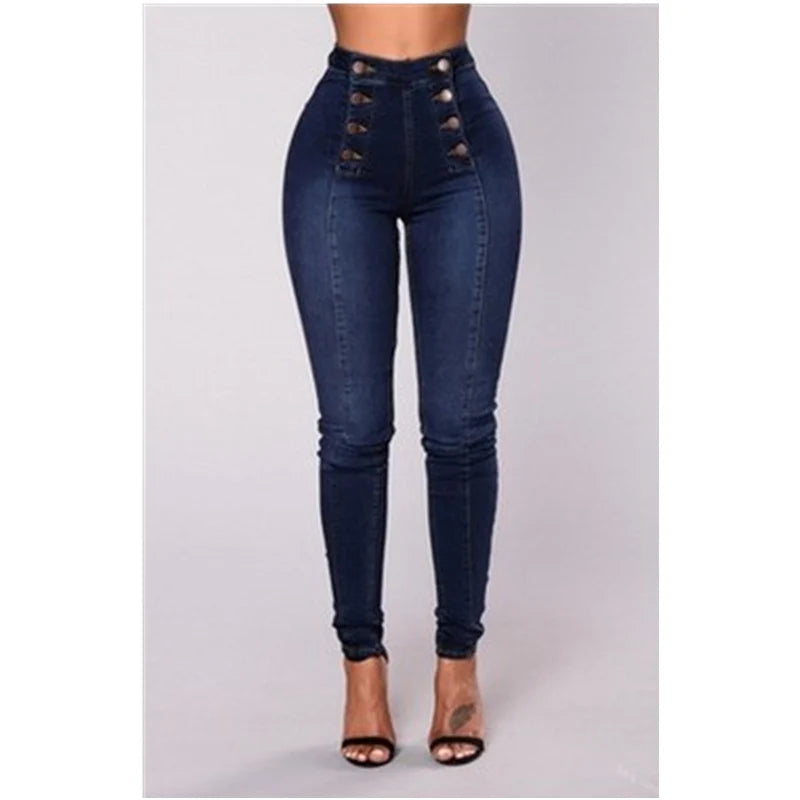 Women Elegant Vintage Stretch Bodycon Jeans Fashion Casual Double Breasted High Waist Skinny Denim Pants Trousers