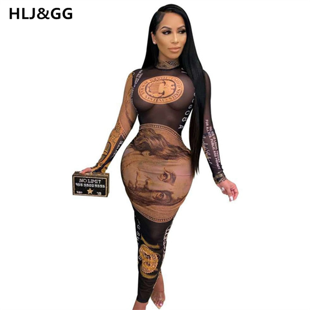 Women Spring Autumn Money Vintage Print Skinny Long sleeve dress sexy party Streetwear new long vestido dresses 2022 New