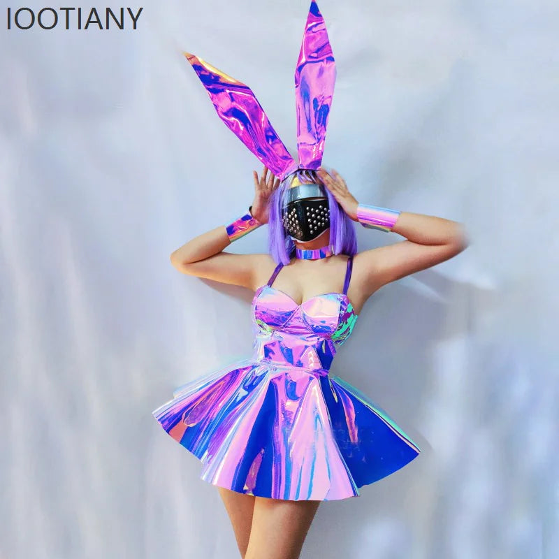 Halloween New Purple Laser Dress Animal Headdress Women's Ball Dress Bar Nightclub Costume Stage Pole Dance Festival Costume