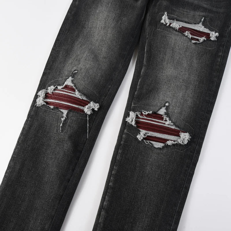 Fashionable new men's jeans with pleats, washed water, nostalgic perforations, red patches, men's black and gray jeans, high str