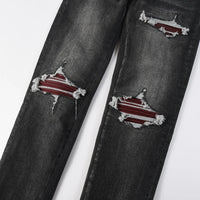 Fashionable new men's jeans with pleats, washed water, nostalgic perforations, red patches, men's black and gray jeans, high str