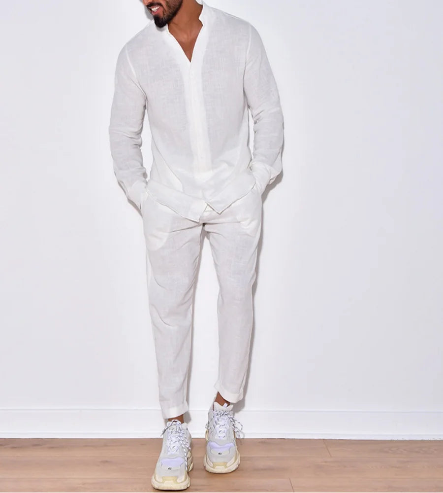 Men's casual cotton and linen suit, fashion comfortable linen solid color stand collar shirt street loose long sleeve two-piece