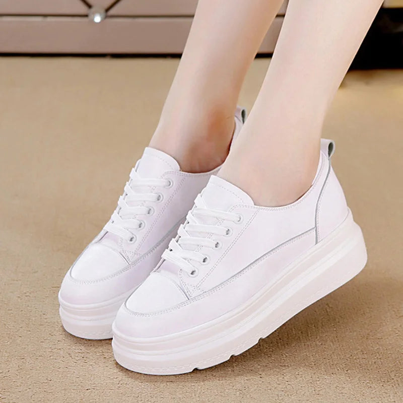 Genuine Leather Shoes Women Sneakers Height Increasing Shoes Casual Woman White Footwear New Spring Summer Thick Sole 5cm A1437