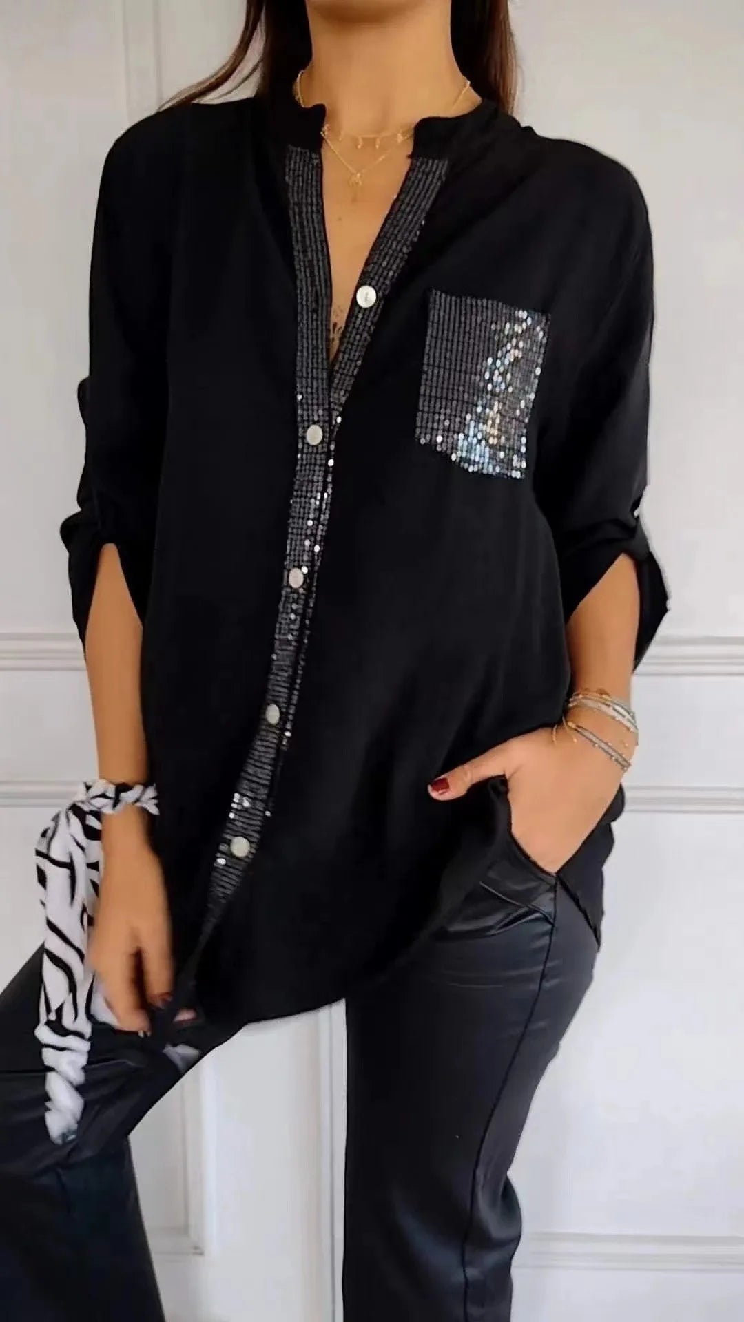 Women Pocket Sequined Blouse Shirts Summer Casual Female Button Lantern Sleeve Bling OL Workwear Blouse Tops 2025