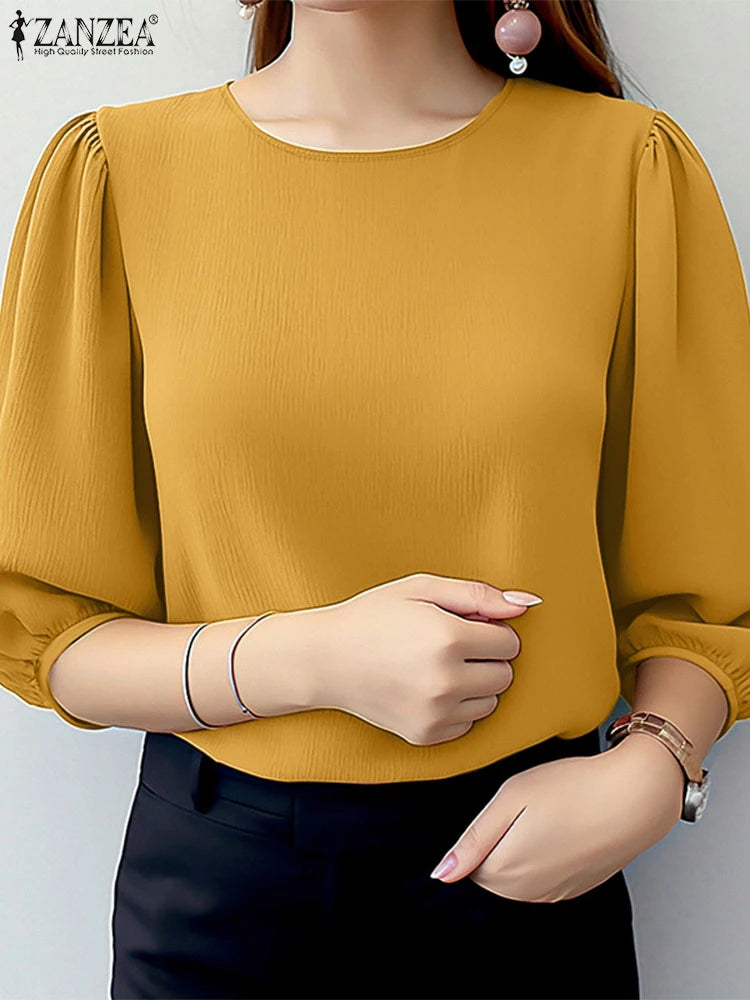 ZANZEA Women Crinkled Texture Puff Sleeve Blouse, Elegant O Neck 3/4 Sleeve Blusas Mujer, Summer Fashion Solid Color Casual Tops