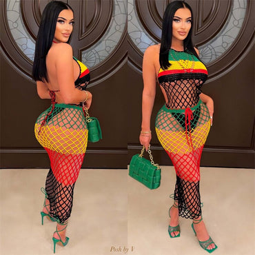 Rainbow Color Hand Knitted Bikini Cover Ups Women Sexy Hollow Out Fishnet Lace Up Halter Backless Holiday Summer Beach Dress