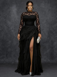 Elegant Lace Mesh Formal Evening Dress for Women's Plus Size Splice Hollow Out Split Hem Layer High Waist Cocktail Elegant Dress