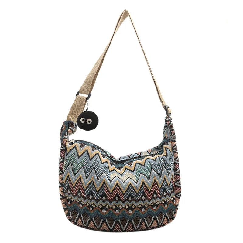 Wave Pattern Design Crossbody Bag for Women New Large Capacity Canvas Shoulder Bag, Versatile College Students Dumplings Bag