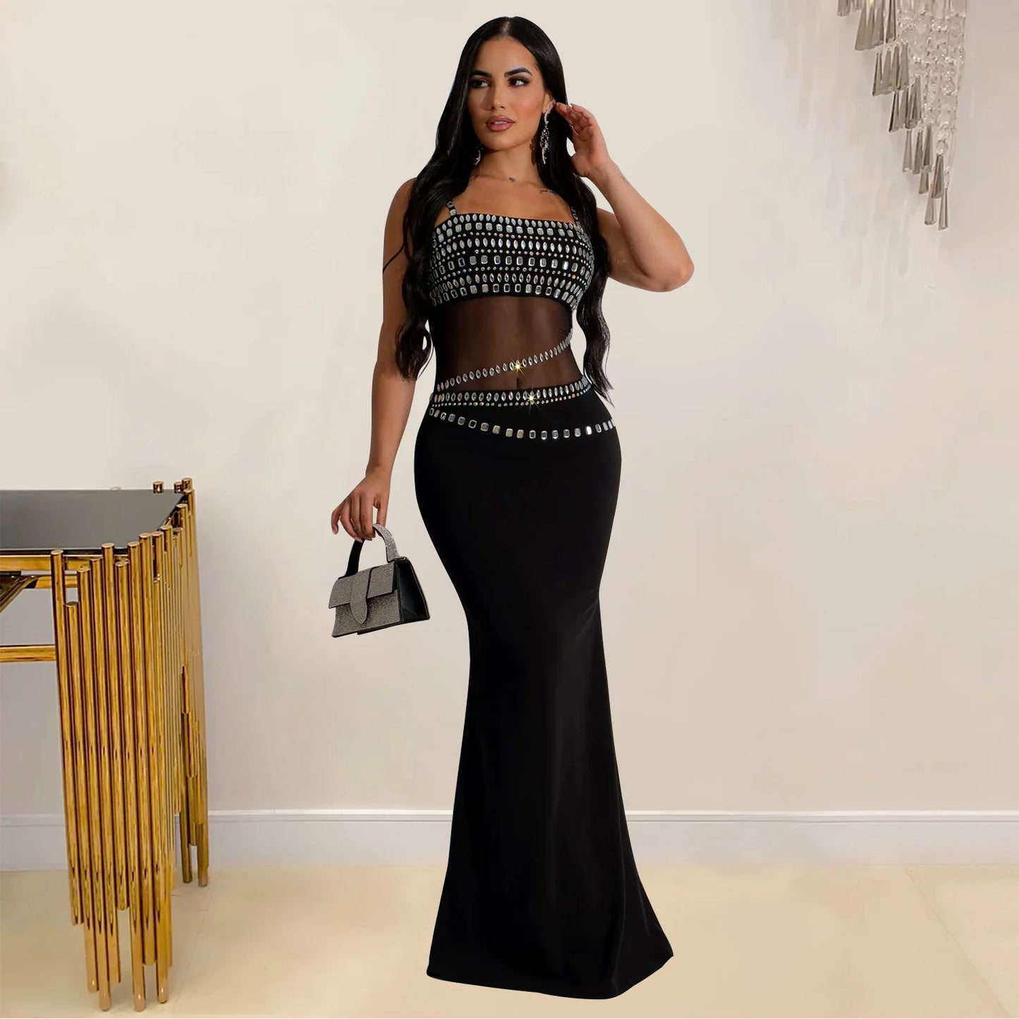Fashion Women's Hot Diamond Mesh Dresses Summer New Sexy Transparent Lace Party Elegant Female Maxi Dress 2025