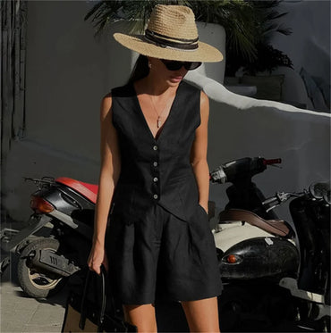 2023 summer Women Cotton Linen Waistcoat Solid Single Vest Tops Two Piece Set Basic Wide Leg Shorts Outfits Y2K office lady