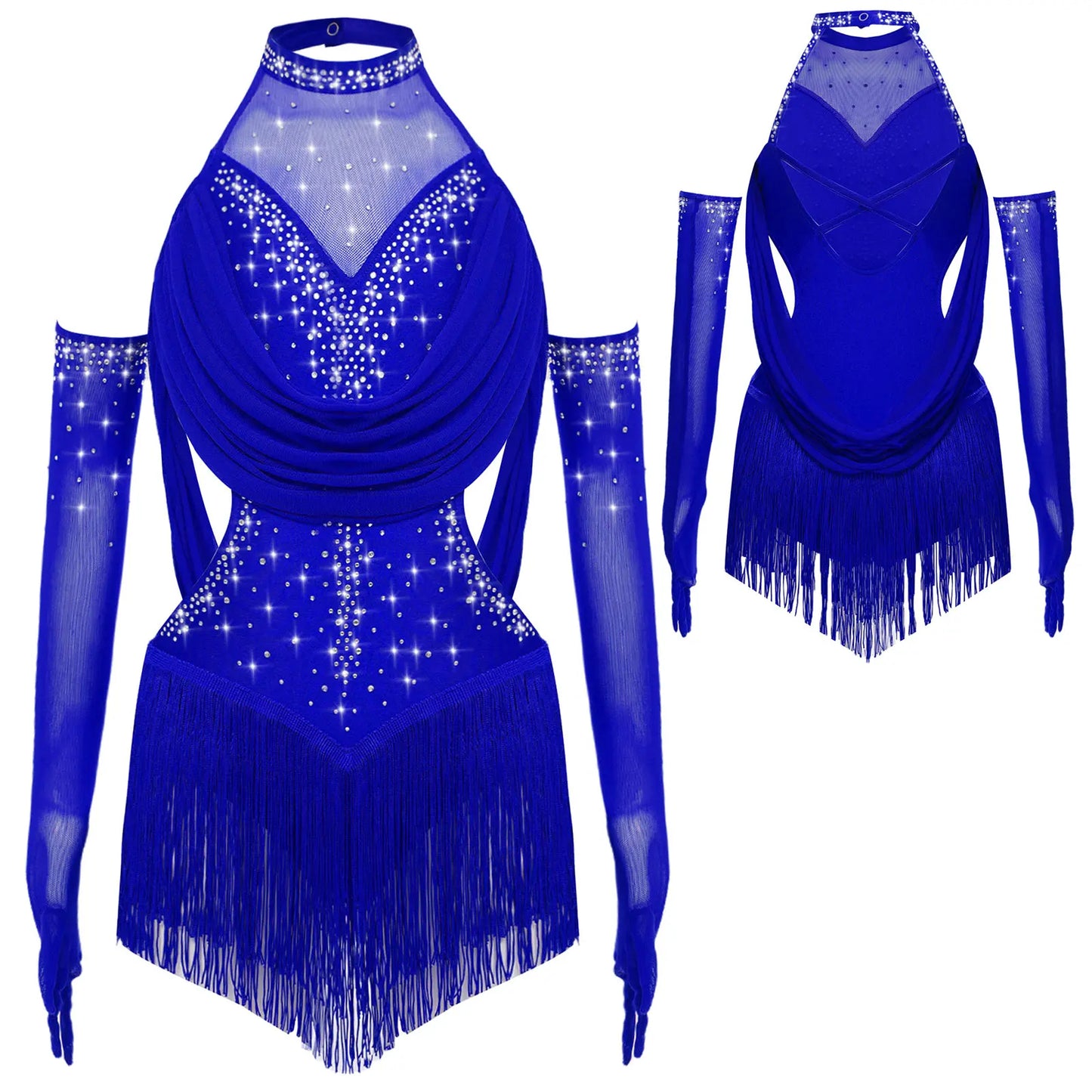 Girls Latin Jazz Rumba Samba Dance Costume Salsa Set Ruched Mesh Drapes Cutout Leotard with Tassel Skirts and 1 Pair Mesh Gloves
