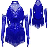 Girls Latin Jazz Rumba Samba Dance Costume Salsa Set Ruched Mesh Drapes Cutout Leotard with Tassel Skirts and 1 Pair Mesh Gloves