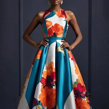 Women Elegant Floral Printed Dress Sleeveless Crew Neck Maxi Evening Dress 2025 New Summer High Waist Slim Party Wedding Dresses