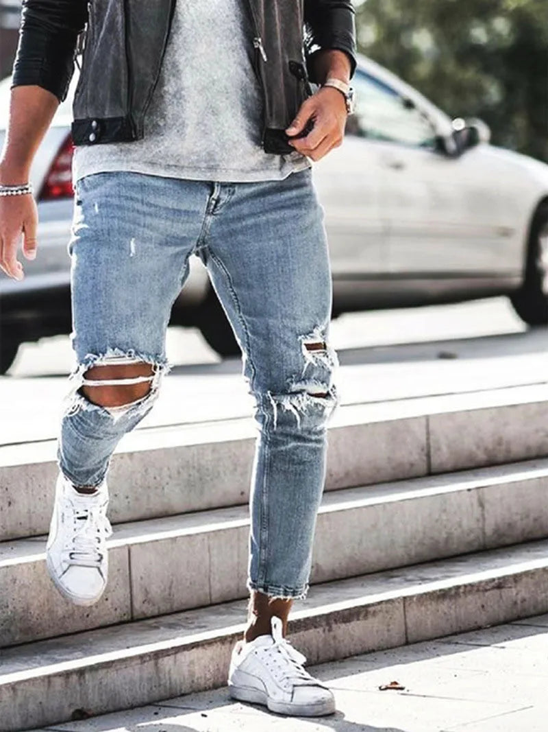 New Skinny Jeans men Streetwear Destroyed Ripped Jeans Homme Hip Hop Broken modis male Pencil Biker Embroidery Patch Pants