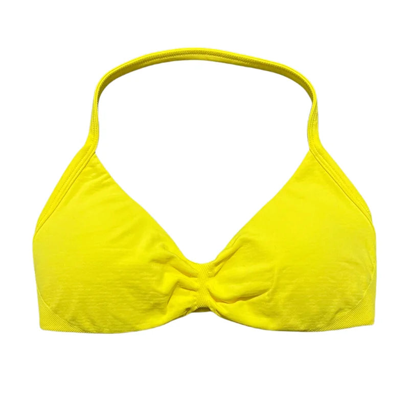 HISTELLO Sports Bra Seamless Halter Thin Strap High Support Scrunch Women Removable Pads Gym Fitness Workout Yoga Clothes