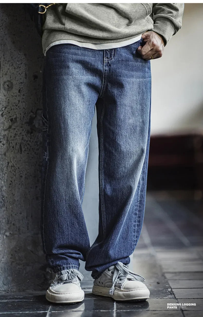 Maden Retro Blue Logging Mens Jeans with Washed Denim Loose Fit Cotton And Non-Elastic Waist Daily Wear Casual Pants