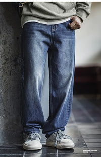 Maden Retro Blue Logging Mens Jeans with Washed Denim Loose Fit Cotton And Non-Elastic Waist Daily Wear Casual Pants
