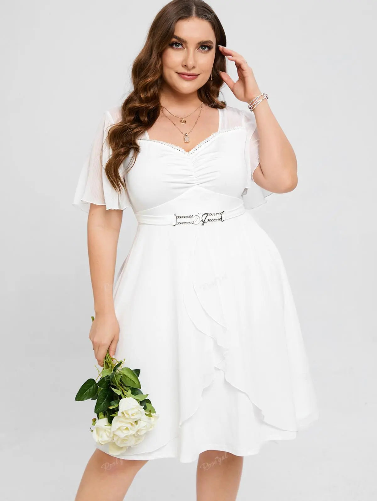 ROSEGAL Plus Size Lace Trim Ruched Flounce Flutter Sleeves A Line Dress White Sweetheart Neck High Rise Wedding Dress For Women