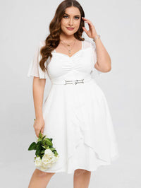 ROSEGAL Plus Size Lace Trim Ruched Flounce Flutter Sleeves A Line Dress White Sweetheart Neck High Rise Wedding Dress For Women