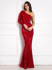 One Shoulder Sequin Night Gown Evening Party Dress Bodycon Floor Length Backless Autumn Luxury Stretchy Mermaid Maternity Dress