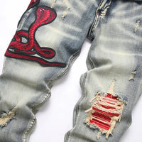 Men's Snake Embroidery Stretch Denim Jeans Streetwear Red Leather Patch Slim Tapered Pants with Holes And Rips Trousers