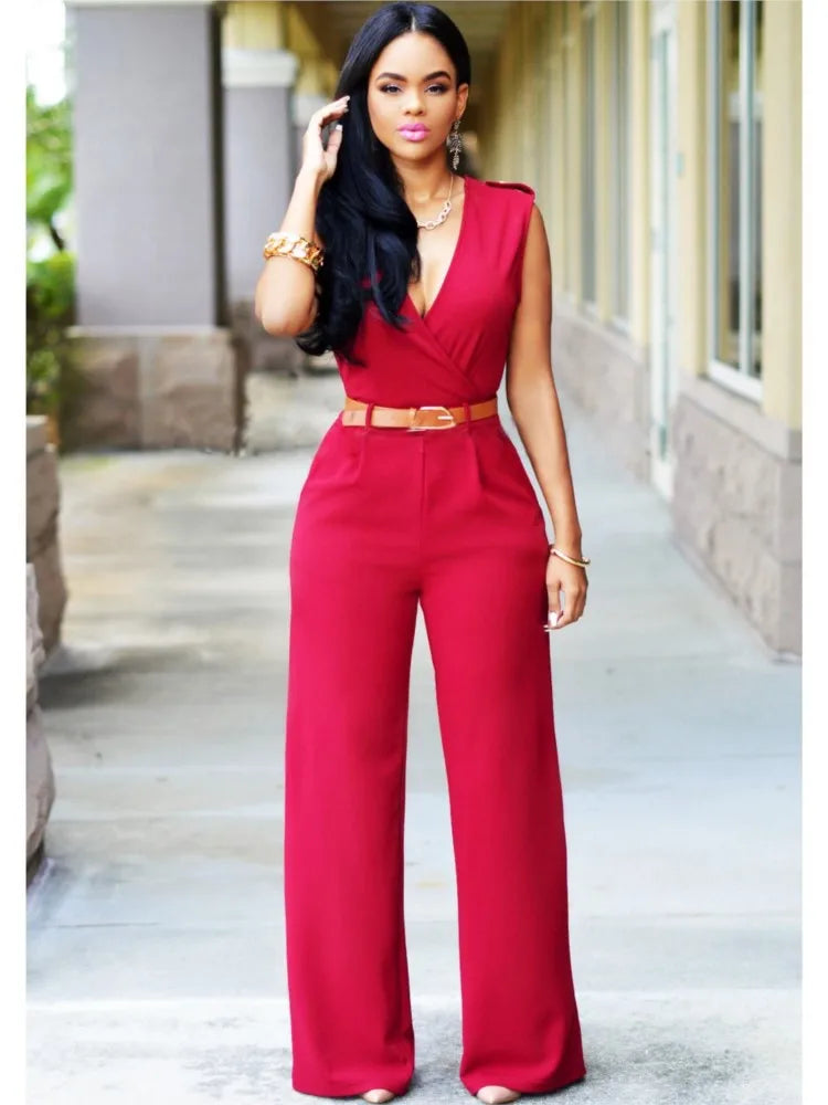 Women's Sexy Deep V Neck Sleeveless Solid Color Jumpsuit Fashion Slim Wrap Hip Elegant Female  Party Office Jumpsuit (with Belt)