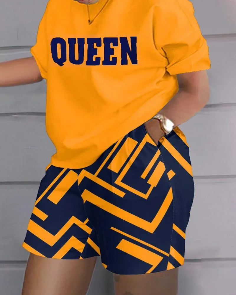Women Print Two Piece Shorts Sets Matching Sets Short Sleeve T Shirts Pockets Elastic Waist Trousers Y2k Tops Suits Summer 2025