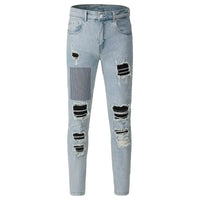 Men Pleated Patch High Stretch Denim Jeans Streetwear Vintage Blue Grey Skinny Tapered Biker Pants Ripped Distressed Trousers
