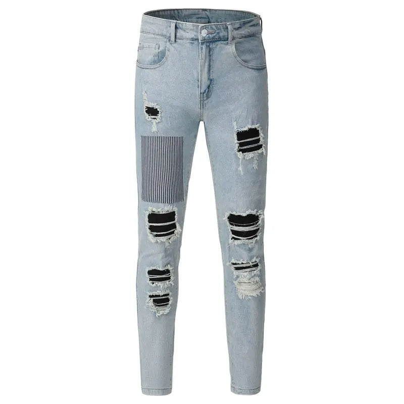 Men Pleated Patch High Stretch Denim Jeans Streetwear Vintage Blue Grey Skinny Tapered Biker Pants Ripped Distressed Trousers