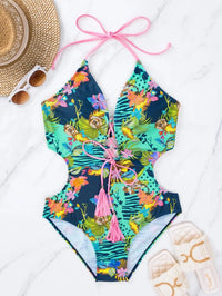 Cikini 2023 New Floral Print Lace Up Front One Piece Swimsuit Summer Sexy Beach Swimwear Bathing Suit For Women