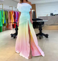 Street Trendsetter Off-The-Shoulder Short-Sleeved Slit Floor Mopping Resort Dress Female Elegant French Retro Sweet Long Dresses