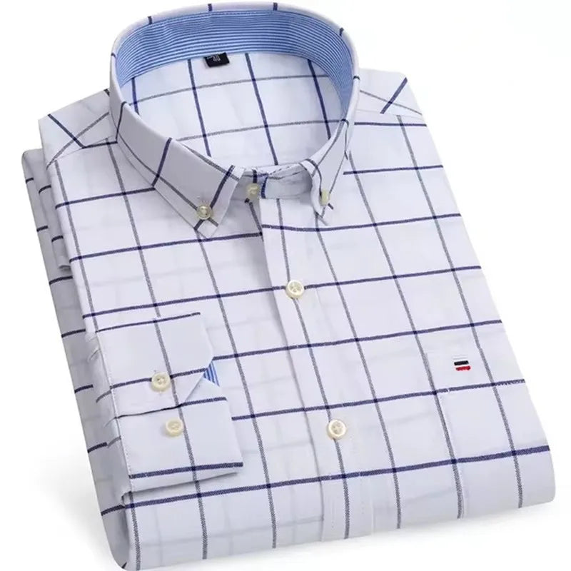 Men's Versatile Casual Checkered Oxford Cotton Shirts Single Pocket Long Sleeve Standard-fit Button Down Gingham Striped 7XL 6XL