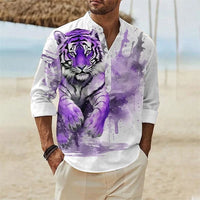 Men's 3D Button Shirt T-shirt Summer New Fashion Personalized Graffiti Standing Collar Casual Long sleeved Shirt Extra Large