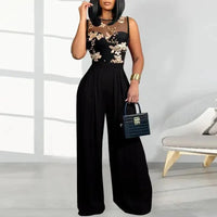 Women's Black Jumpsuit with Sheer Floral Embroidered Top Wide Leg Design Ideal for Evening Galas Cocktail Parties Formal Events