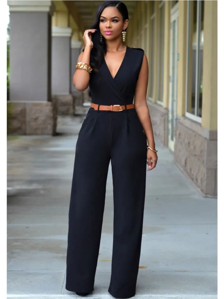 Women's Sexy Deep V Neck Sleeveless Solid Color Jumpsuit Fashion Slim Wrap Hip Elegant Female  Party Office Jumpsuit (with Belt)