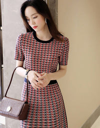 Sexy 2022 Summer Plaid Knitted Dress Female Vintage Fashion O-Neck Short sleeve A-Line Dress