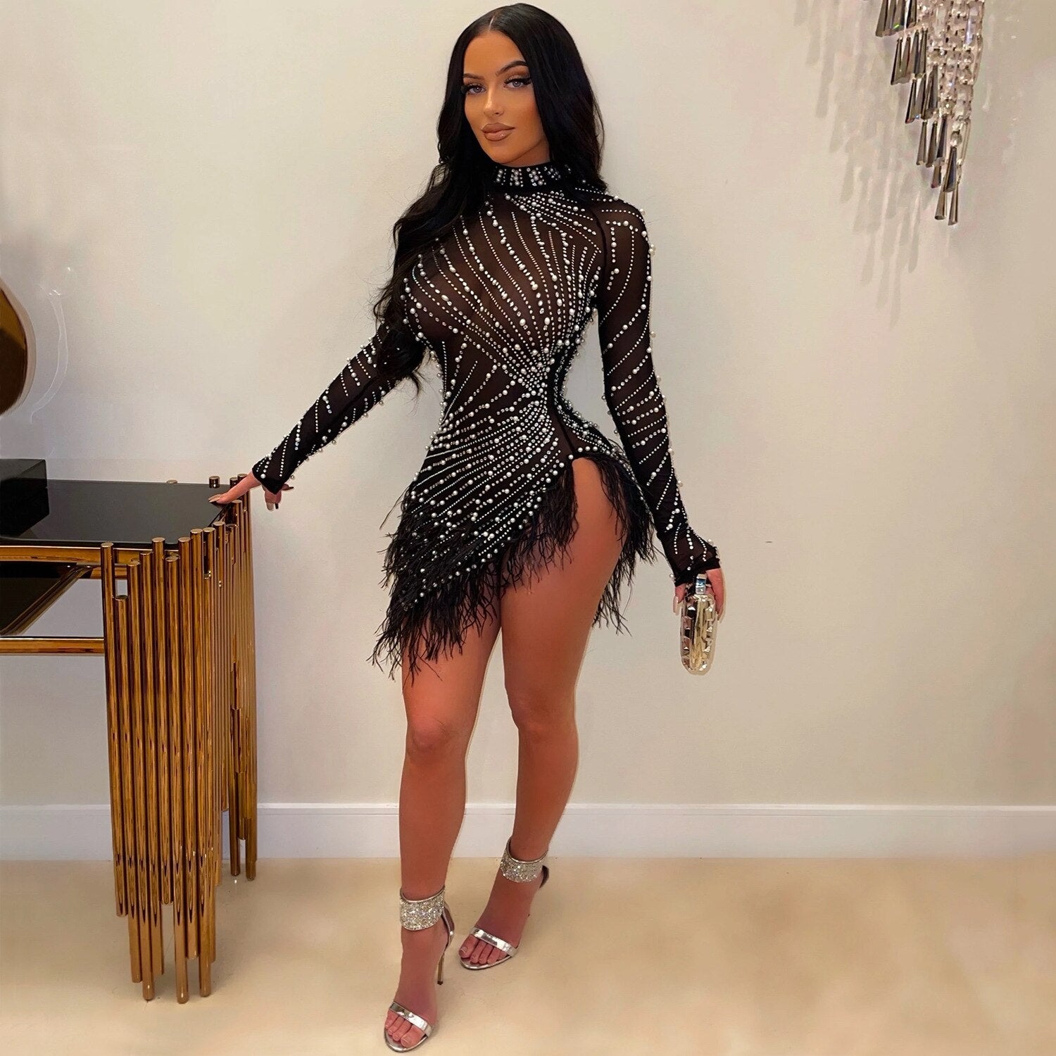 Sexy Glitter Dress Women Rhinestone Hot Drilling Long Sleeve Dress Mes –  Mega Mart Center
