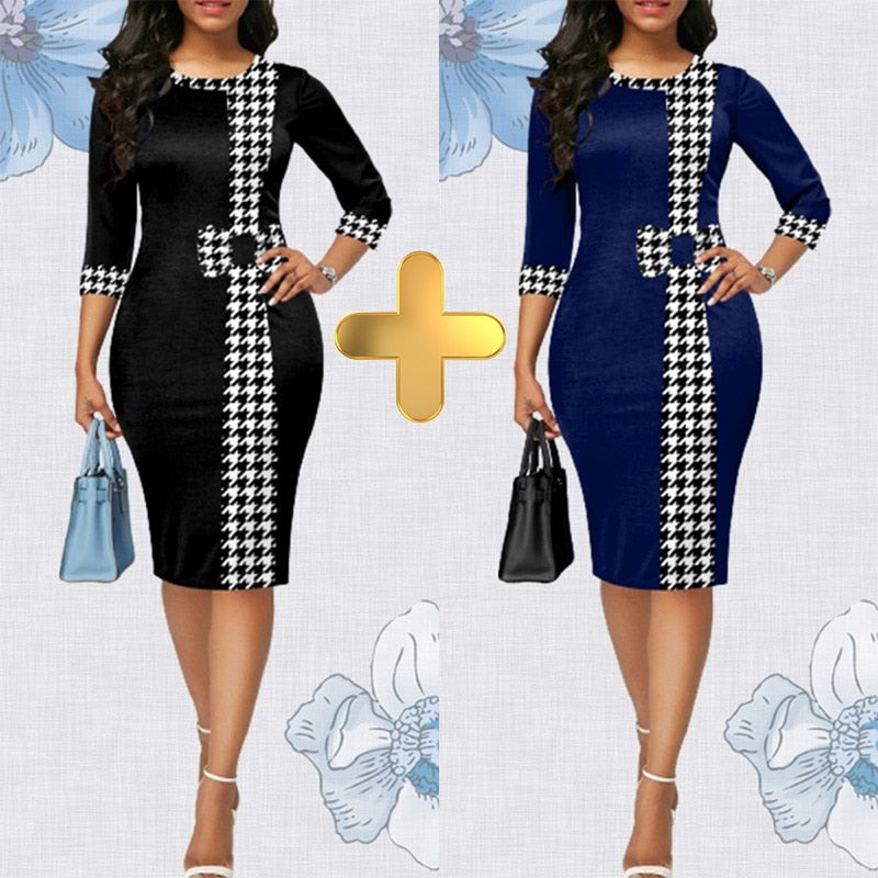 Houndstooth Formal Occasion Dresses Elegant Patchwork Summer Dress Fashion Plus Size Clothes for Women High Waist Party Dresses