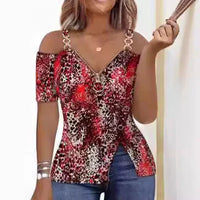 Blusas Para Mujer Print Zip Detail Split Hem Shoulder Top Women Short Sleeve Spring Summer T Shirt Tops Blouse Women Clothing
