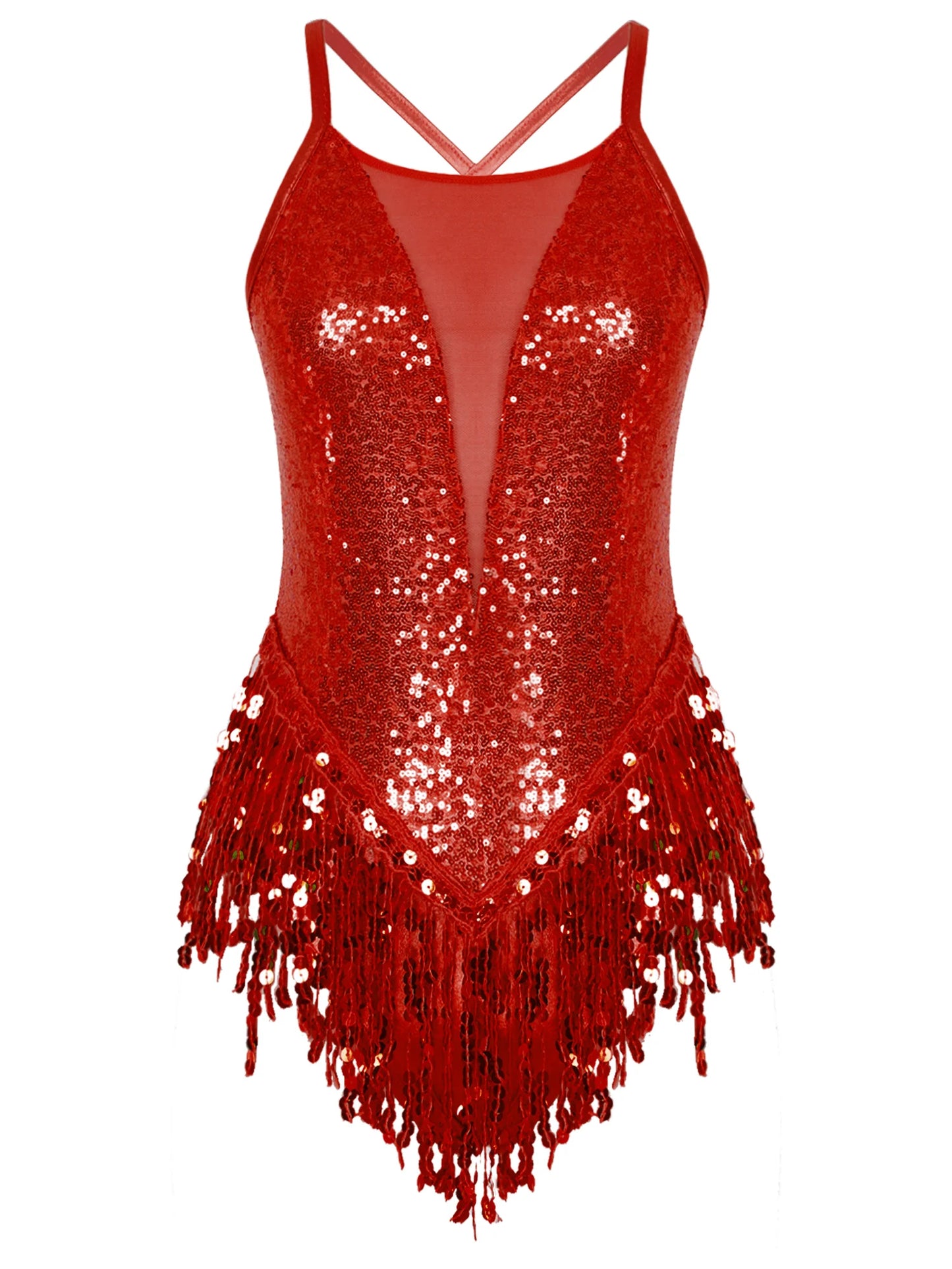 Womens Sparkly Tassel Bodysuit Sequins Gymnastics Ballet Dance Leotard Fringed Jumpsuits Latin Jazz Dance Performance Costume