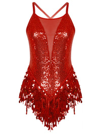 Womens Sparkly Tassel Bodysuit Sequins Gymnastics Ballet Dance Leotard Fringed Jumpsuits Latin Jazz Dance Performance Costume