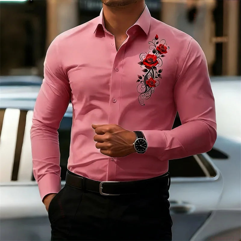 Men's long-sleeved shirt, featuring a vintage red rose print design.  A stylish business casual shirt and fashionable men's top.