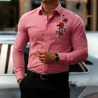 Men's long-sleeved shirt, featuring a vintage red rose print design.  A stylish business casual shirt and fashionable men's top.