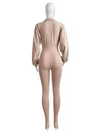 Weird Puss Washed Distressed Jumpsuit Women Ribbed V-Neck Solid SKinny Long Sleeve Fall Casual Trend Simple Activity Streetwear