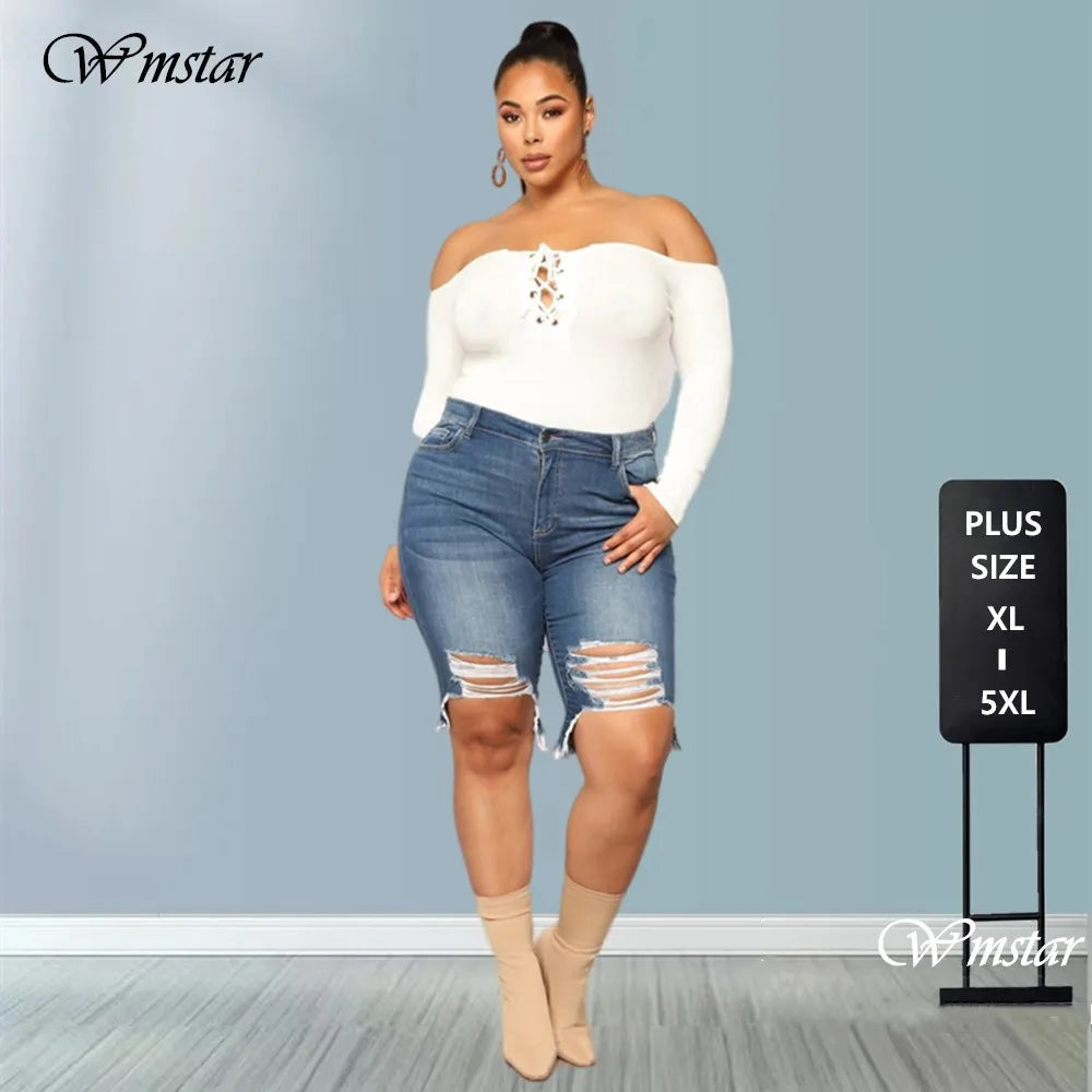 Wmstar Plus Size Jeans Shorts Women Bodycon Super Stretch Knee Length High Waist Fashion Streetwear Denim Wholesale Dropshipping