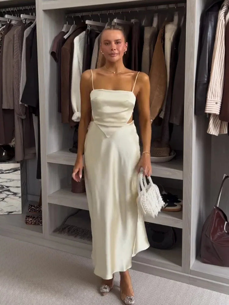 HH Women Beach Style Side Zipper Sleeveless Backless Lace-up Decoration Dresses Women Summer Solid Satin Texture Sling Dress