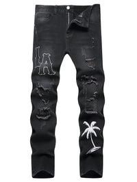 Men's Jeans Black Denim Pants Straight Leg Comfort Mid Waist White Embroidery Casual Streetwear Spring Slim Fit Trousers