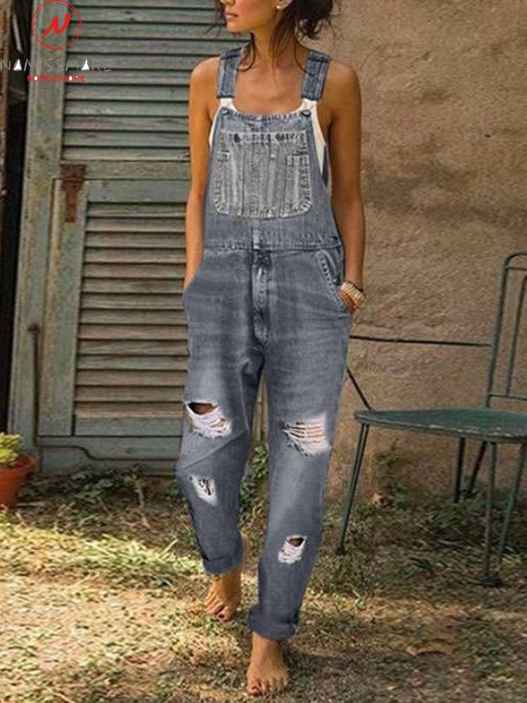 Fashion Women Denim Rompers for Streetwear Hollow Out Design Pockets Decor Sling Sleeveless Mid Waist Casual Loose Jumpsuits