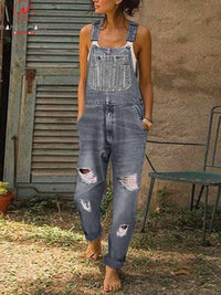 Fashion Women Denim Rompers for Streetwear Hollow Out Design Pockets Decor Sling Sleeveless Mid Waist Casual Loose Jumpsuits