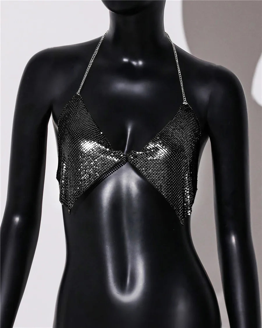 AKYZO Fashion Metal Sequins Camisole Summer Women Backless Halter Neck Off The Shoulder Crop Top Rave Vocal Concert Tank Top